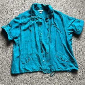 CJ Banks Turquoise Short Sleeve Linen Snap Jacket